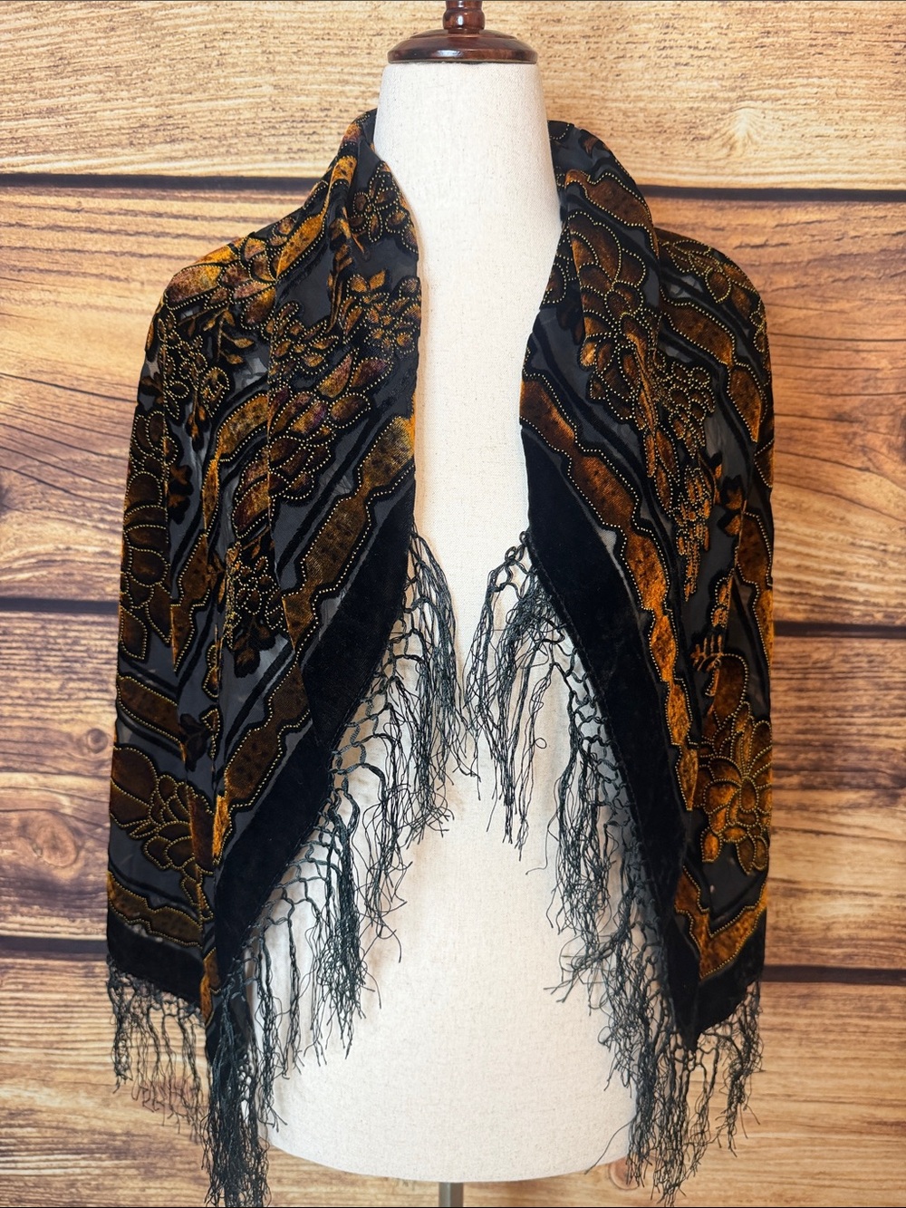 Vintage-Inspired Black & Gold Velvet Fringe Shawl